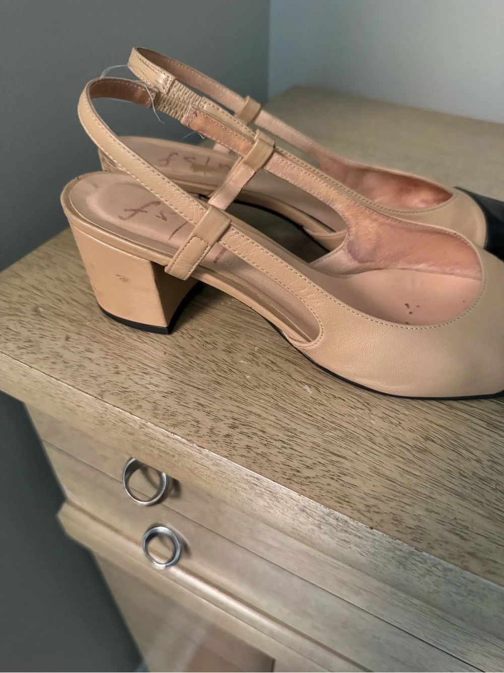 French Sole Nude and Black Cap-Toe Slingback Heels